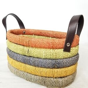 Unique Beautiful Earth Tone Multicolored Wooven Jute Basket with Leather Handles